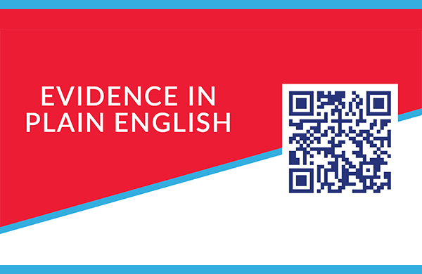 A QR Code with the text EVIDENCE IN PLAIN ENGLISH